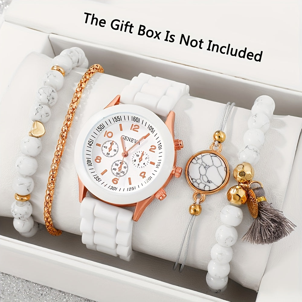 5pcs Fashion Women's Quartz Watch & Beaded Bracelet Set - Elegant White with Rose Golden Accents, Silicone Strap, Zinc Alloy Case, Non-Rechargeable Button Battery - Ideal for Valentine's, Birthdays, Easter, Graduation, Christ